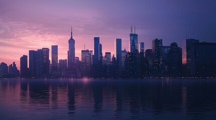 Fototapeta premium A serene cityscape captured at the magical moments of dusk or dawn, highlighting the architectural silhouettes against a subtly changing sky, emphasizing the transition between day and night.