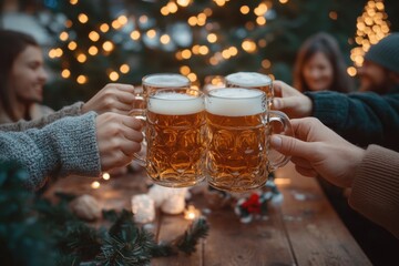 A group of friends toasting with beer glasses at an outdoor party Christmas decorations adorn the table close-up shot focuses on their hands and mugs of light brown ale Generative AI