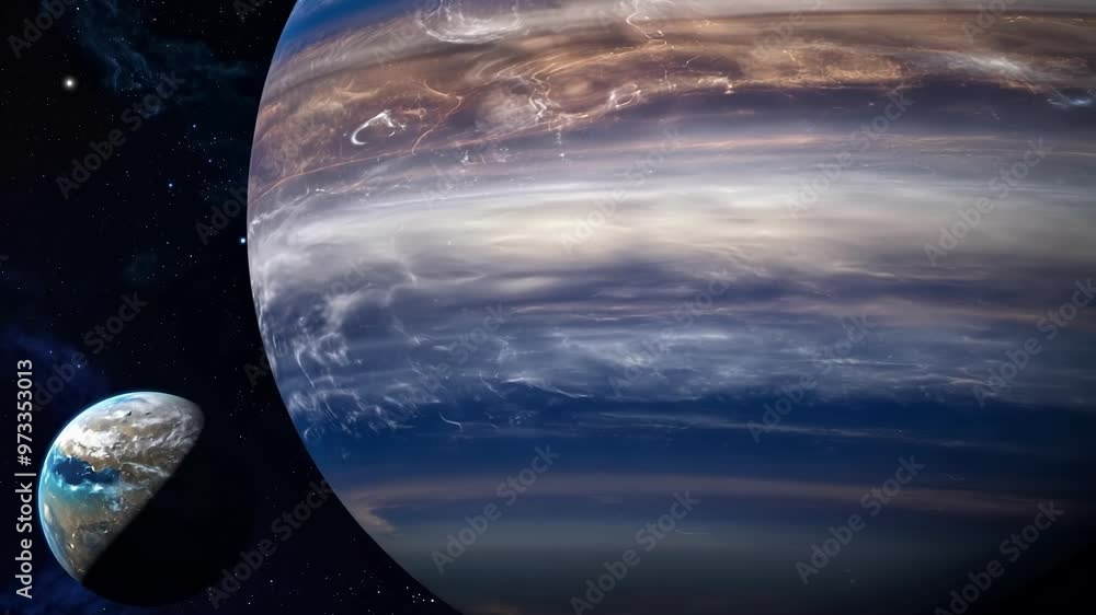 Poster Two planets orbiting in a distant solar system, surrounded by stars, evoke wonder and vastness