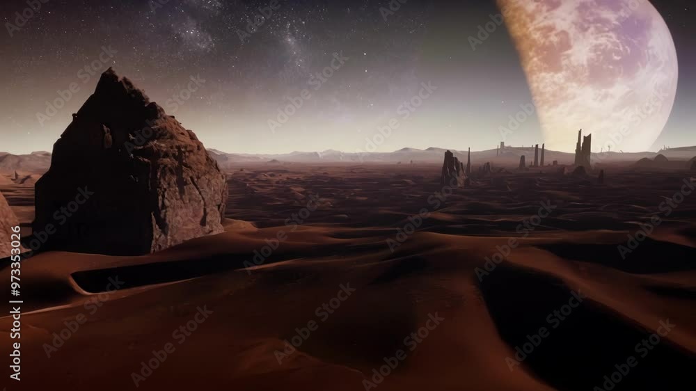 Aufkleber Red planet with large rock formations and the remnants of a lost civilization in the distance, lit by the faint light of a dying sun