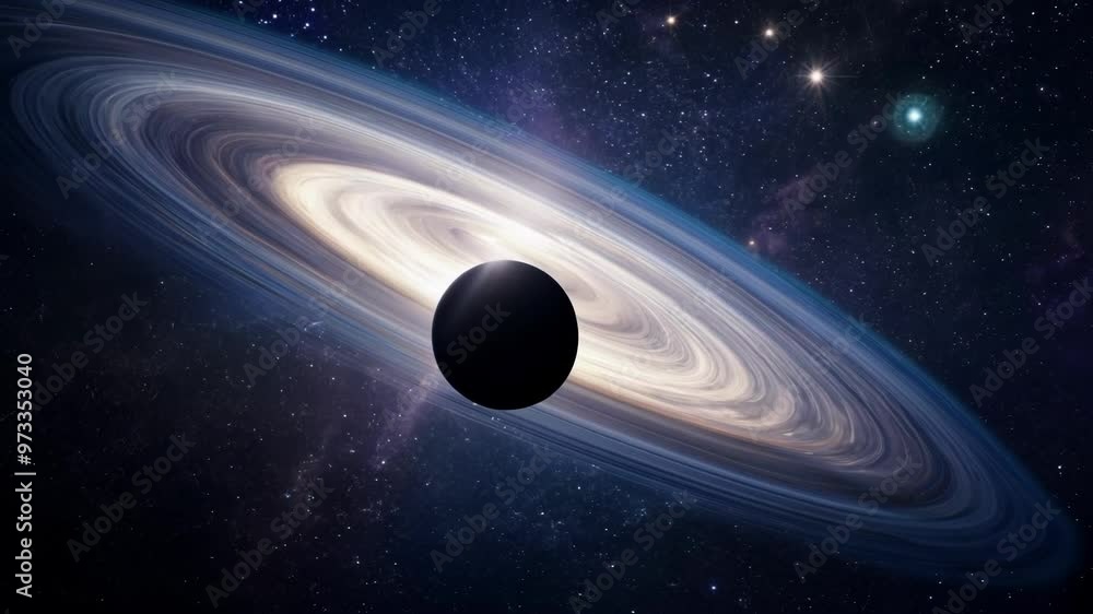 Poster Black hole warping the fabric of spacetime with a distant galaxy visible in the background. Ideal for projects related to astronomy, astrophysics, and the wonders of the cosmos