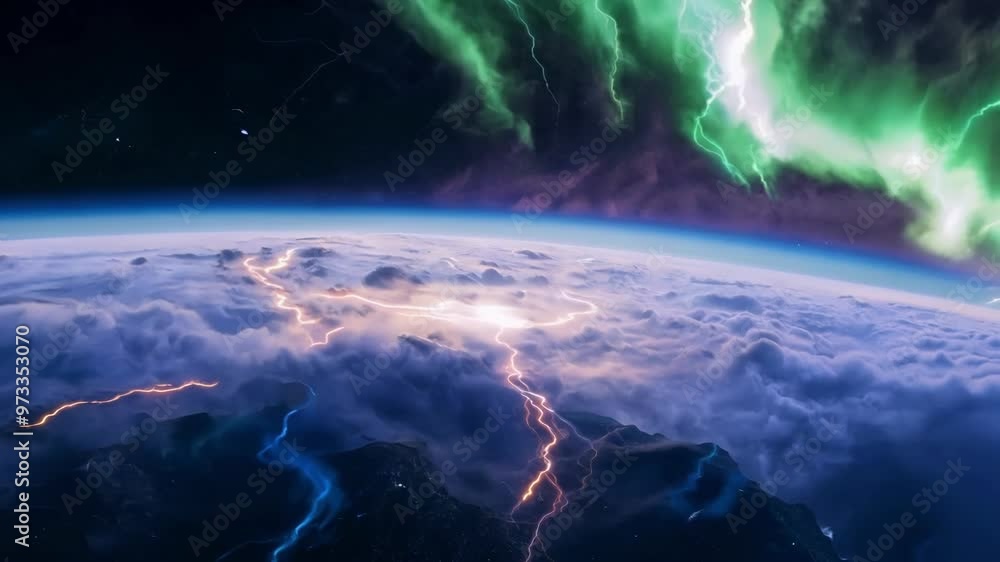 Aufkleber mesmerizing view of aurora borealis lighting up earth from space, vibrant colors dancing across the 