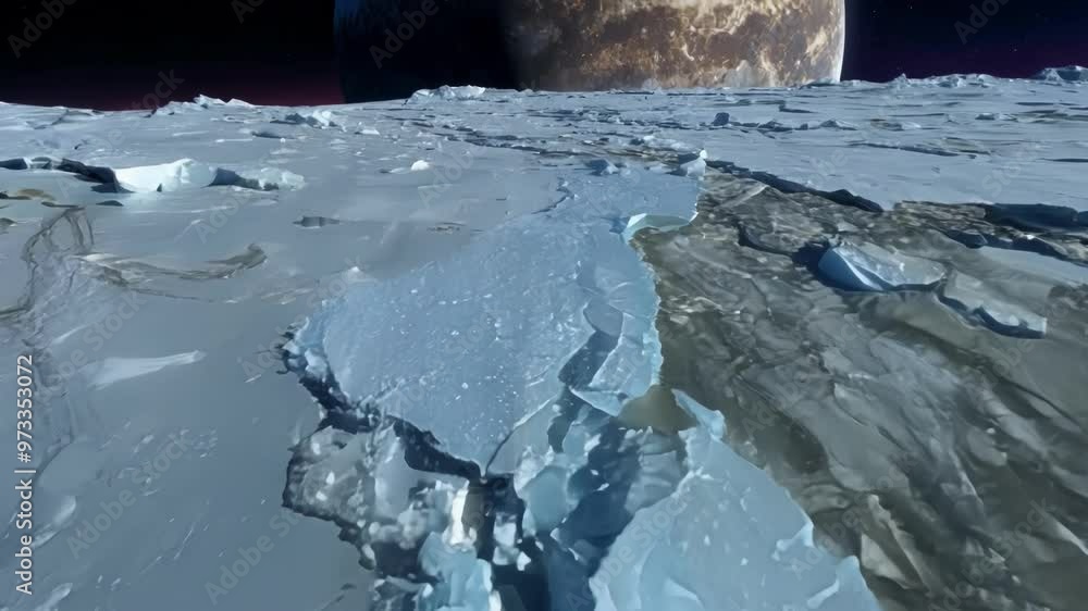 Poster large crack is forming in the ice sheet, creating a deep chasm filled with water. the ice is a beaut