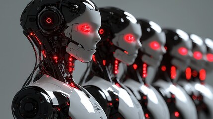 Fototapeta premium A series of humanoid robots characterized by a sleek white and black color scheme, with red lights and mechanical features, depicting advanced robotics and artificial intelligence.