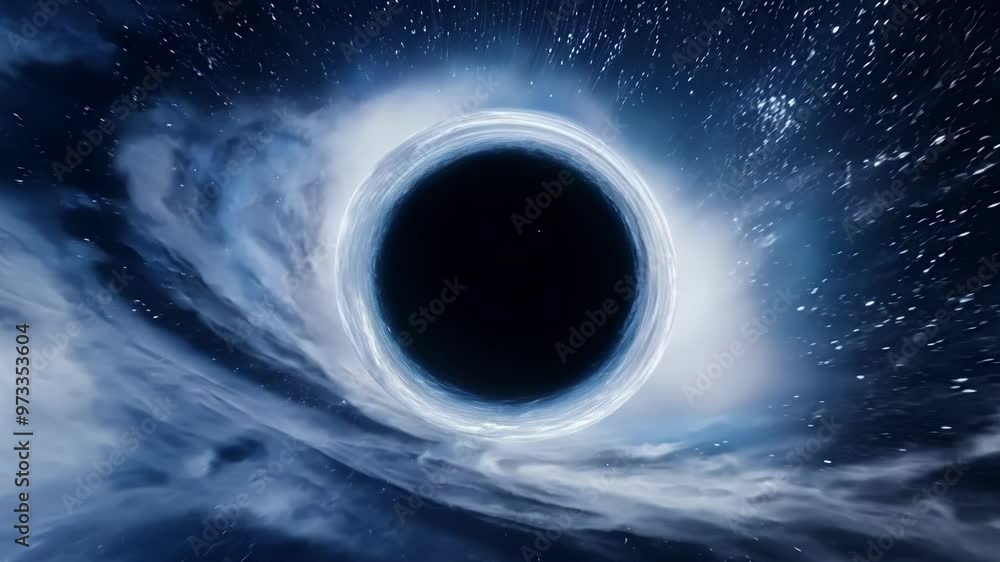 Poster Supermassive black hole is distorting space time, creating a gravitational lensing effect as clouds of gas swirl around it