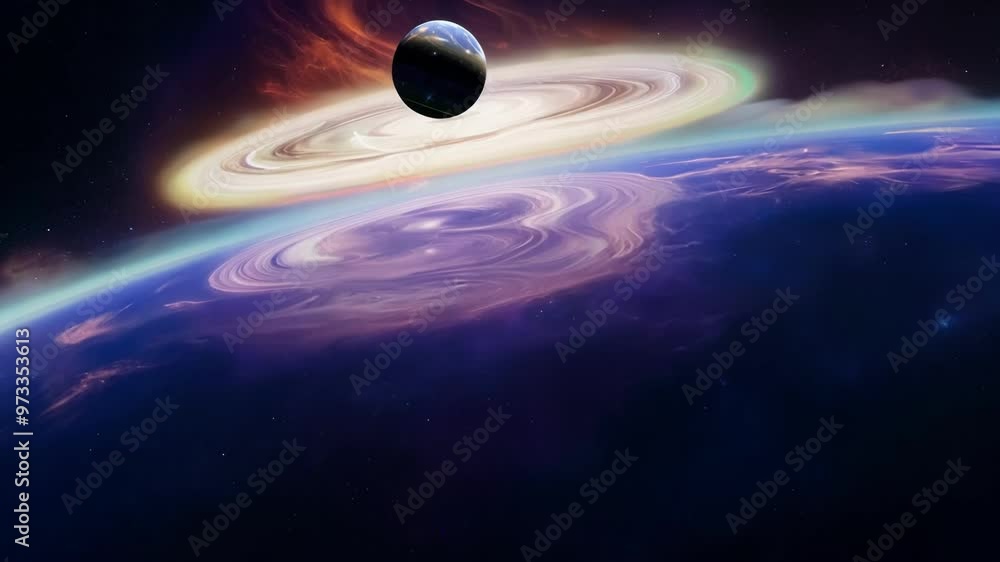 Poster blue planet rotating in space with a colorful nebula in the background. perfect for projects related