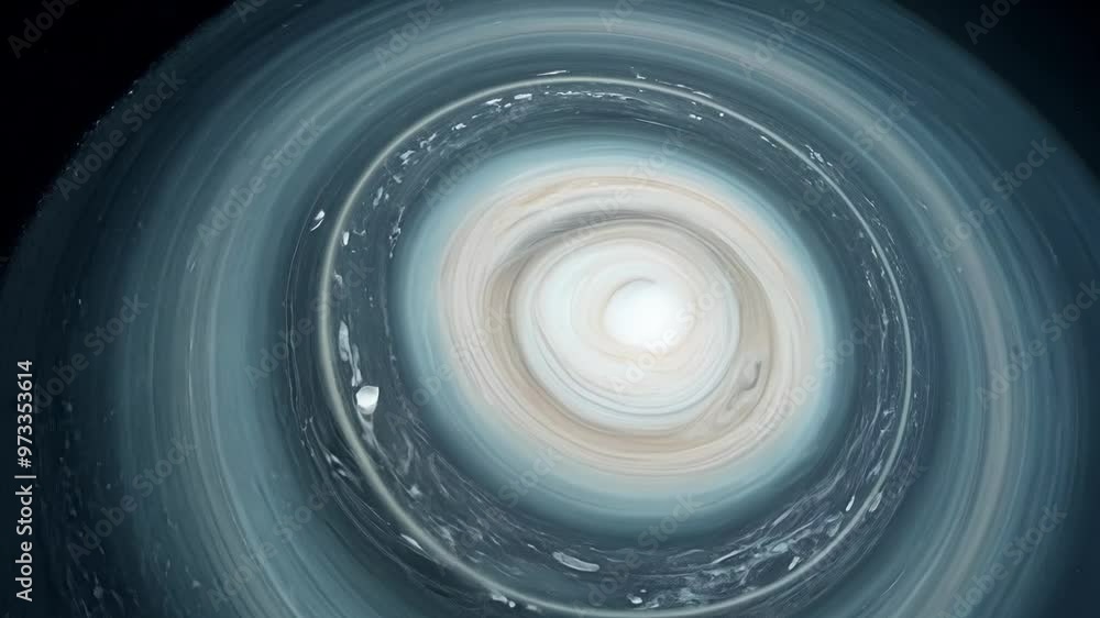 Poster Blue planet surrounded by multiple rings is orbiting a star in the darkness of space. The rings are made of ice and rock particles