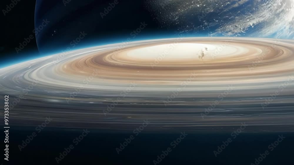 Poster Massive ring system encircles a terrestrial exoplanet in deep space, blending astronomy and science fiction in a breathtaking scene