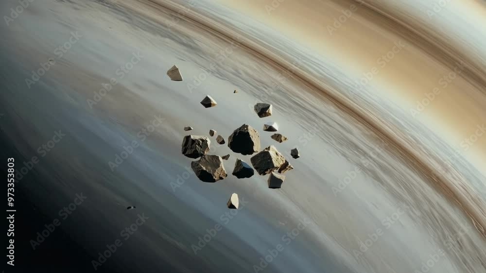 Aufkleber Asteroids are orbiting around a large ringed planet in the vast expanse of space. This captivating image evokes a sense of wonder and the immensity of the cosmos