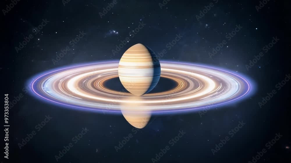 Poster giant ringed planet is reflecting on a body of water in the vast expanse of outer space. the planet 