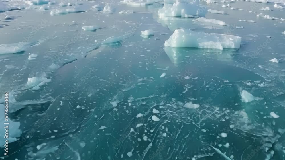 Poster icebergs are reflecting on the surface of a glacial lagoon with turquoise water and ice floes, creat