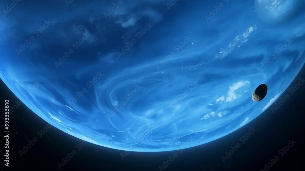 Aufkleber Blue planet with swirling clouds is partially illuminated as it orbits around a star, with its moon visible in the background