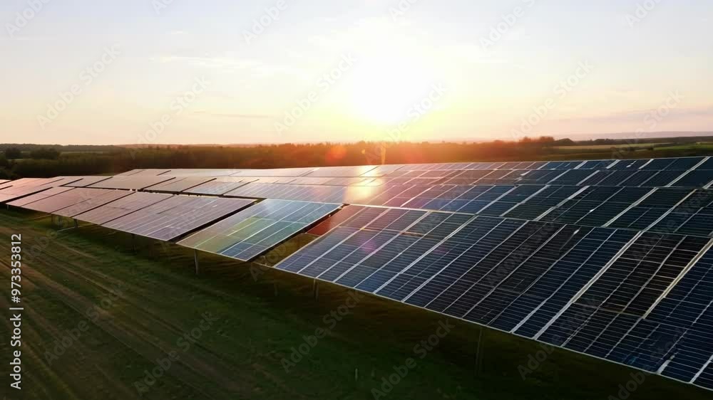 Poster rows of solar panels are illuminated by the setting sun, highlighting the vastness of the solar farm