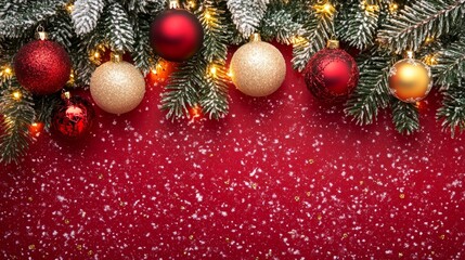 Naklejka premium Festive Christmas tree with decorations with glittery baubles, frosted evergreen branches, illuminated by warm lights on a blur background. Merry Christmas banner and poster