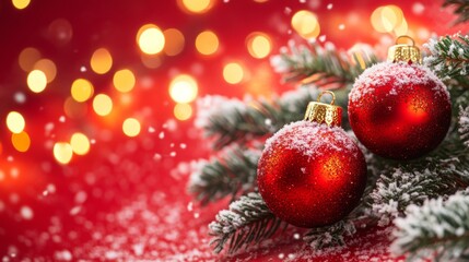 Festive Christmas tree with decorations with glittery baubles, frosted evergreen branches, illuminated by warm lights on a blur background. Merry Christmas banner and poster