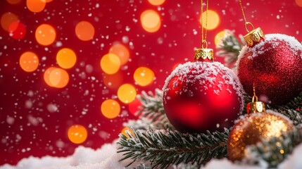 Fototapeta premium Festive Christmas tree with decorations with glittery baubles, frosted evergreen branches, illuminated by warm lights on a blur background. Merry Christmas banner and poster