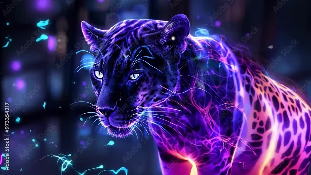 Poster black panther is enveloped in a mesmerizing display of vibrant, holographic lines, creating a captiv