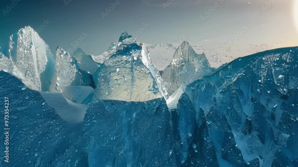 Poster sun shining on stunning blue ice formations against snow capped mountains. clear ice glistening in s