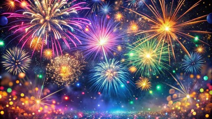 Fototapeta premium Vibrant confetti and glittering fireworks explode in a kaleidoscope of color against a dark night sky, capturing the magic and excitement of the new year celebration.
