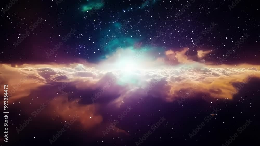 Fototapete bright light is shining through a colorful nebula cloud in the vast expanse of space, surrounded by 
