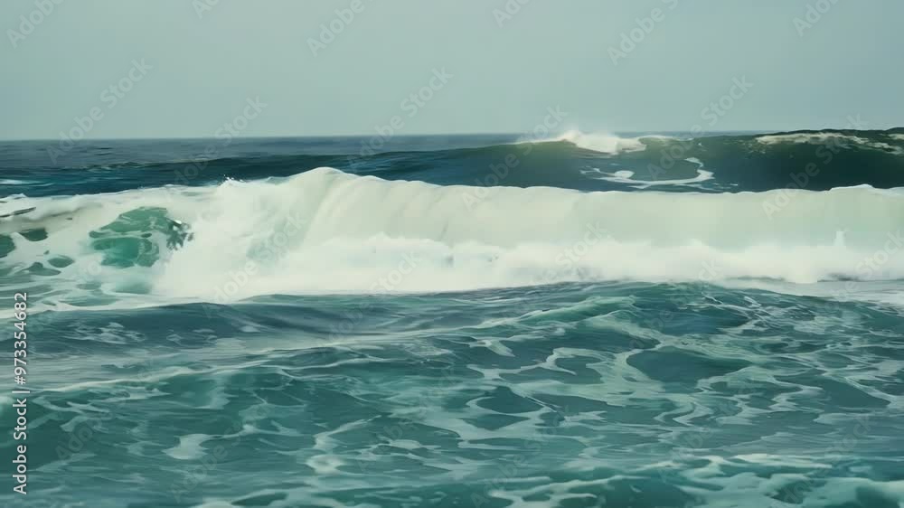 Poster Large turquoise wave is breaking in the ocean, creating a lot of white sea foam and bubbles on the surface of the water