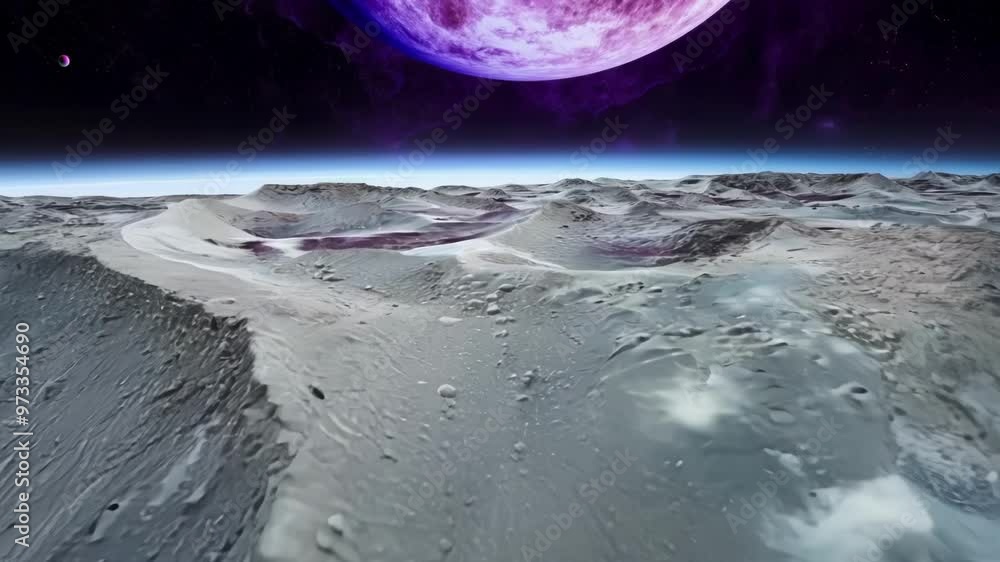 Poster surreal image of a pink planet looming over an alien landscape with a smaller pink moon in the dista