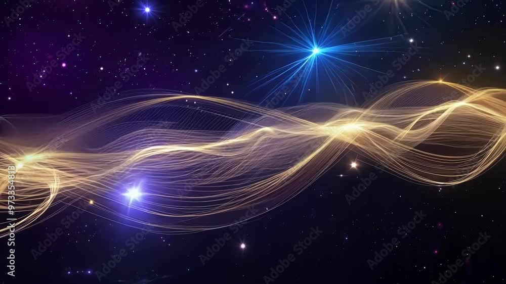 Poster golden energy waves are flowing through space with stars in the background. this abstract background
