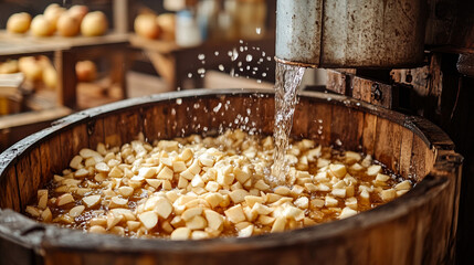 Apple pressing in a rustic cider mill, showcasing the essence of traditional craftsmanship