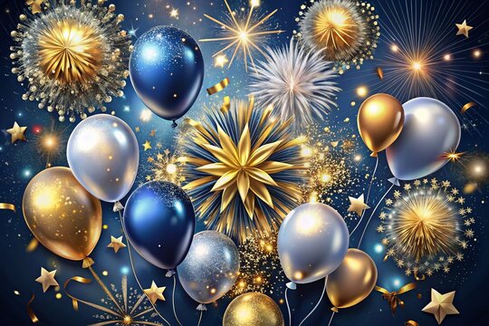 Vibrant digital illustration of exploding fireworks, balloons, and confetti against a midnight blue background,