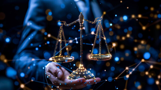 image depicts person holding digital representation of scales of justice, symbolizing integration of AI powered predictive analytics in legal setting. This innovative approach enhances decision makin