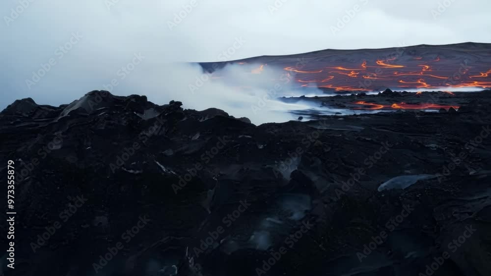 Poster black volcanic rock is forming as lava cools after a volcanic eruption, creating new land. smoke ris