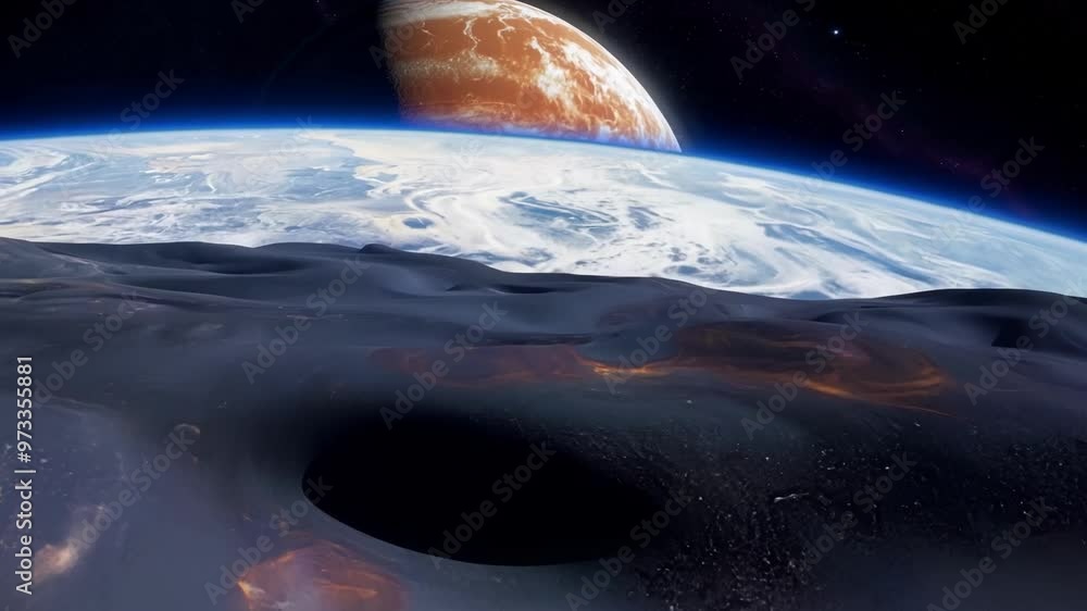 Poster spaceship is orbiting a distant planet, giving a view of a volcanic moon and a giant planet in the b