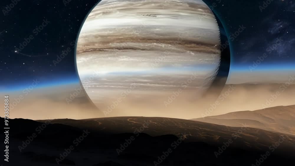 Poster Jupiter is rising over an alien landscape, casting shadows across the mountains and illuminating the sky with its bright glow