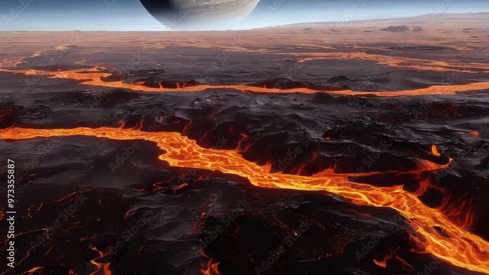 Poster Flowing rivers of scorching lava over dark volcanic landscape, creating mesmerizing and terrifying scene with fiery reds and deep blacks