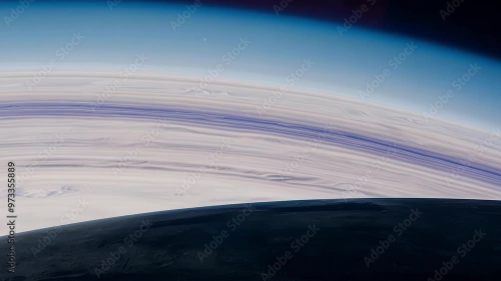 Poster Giant ringed planet with pastel colors is filling the sky over a dark moon surface in a concept image of space exploration