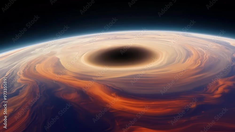 Poster Giant black hole is distorting space and time as it hovers over the atmosphere of a planet, illustrating the concept of gravity