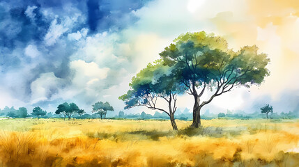 Obraz premium Trees and meadow in the savannah watercolor art background. Savannah. Illustration