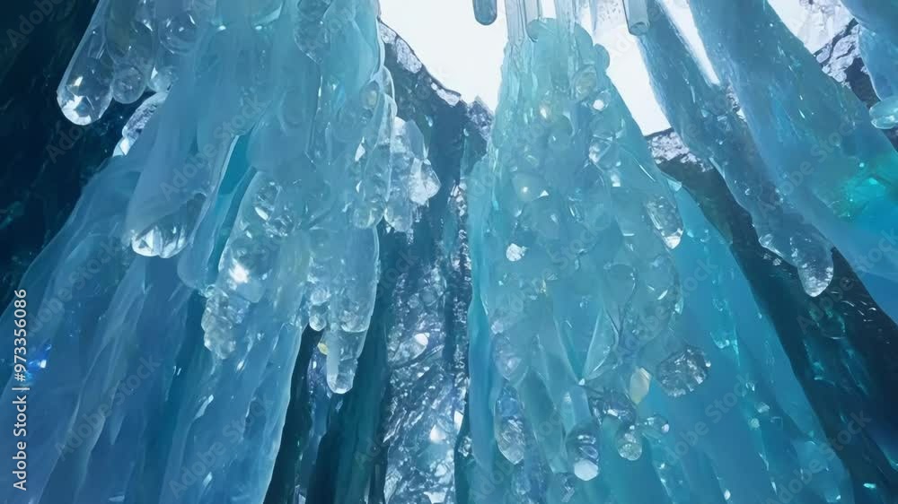 Poster turquoise and blue ice formations are hanging from the ceiling of a cave, creating a beautiful and a