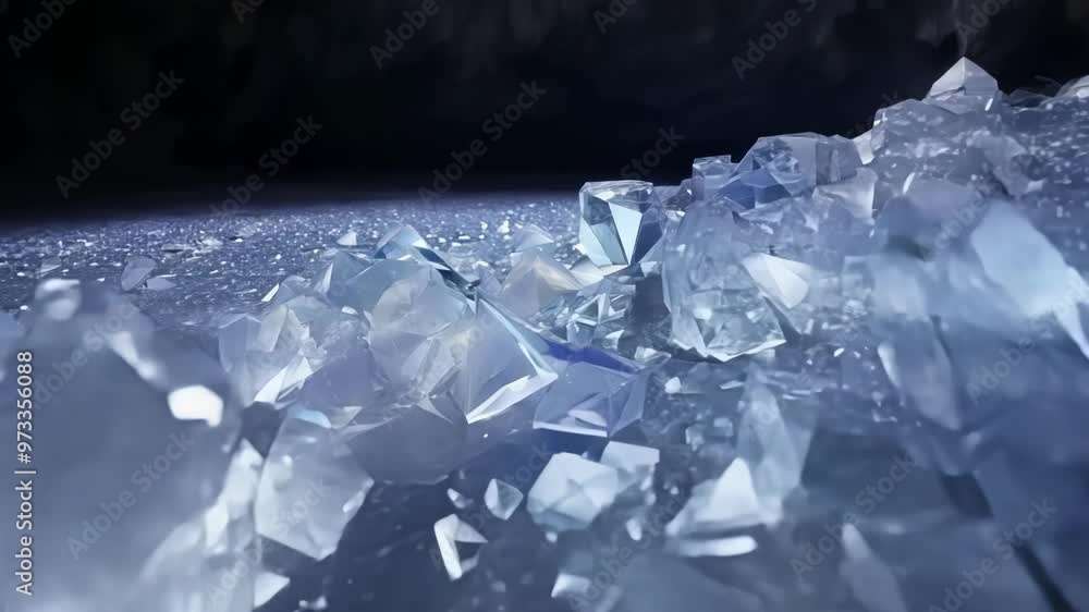 Poster pieces of ice laying on the ground of a frozen cave, creating a beautiful texture. the light is comi