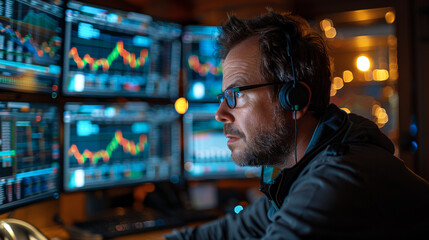 A financial analyst reviewing economic data on multiple screens, focused and engaged in analysis. environment is dynamic, reflecting fast paced world of finance