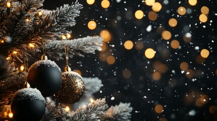 Festive Christmas tree with decorations with glittery baubles, frosted evergreen branches, illuminated by warm lights on a blur background. Merry Christmas banner and poster
