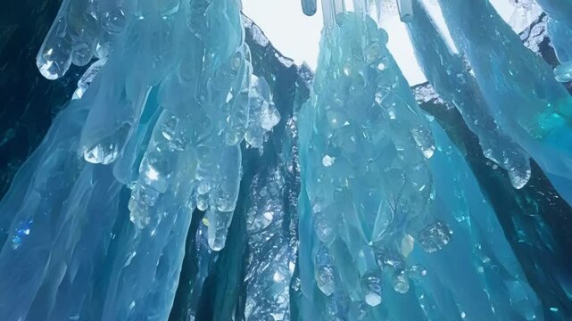 Turquoise and blue ice formations are hanging from the ceiling of a cave, creating a beautiful and abstract natural design