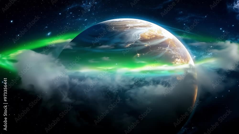 Aufkleber green aurora borealis is illuminating the atmosphere surrounding planet earth as seen from space wit