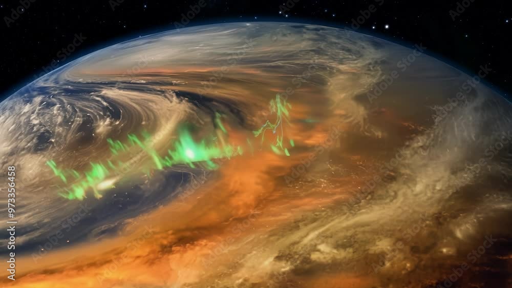 Poster stunning green aurora borealis illuminating the earth's atmosphere from space, against a backdrop of