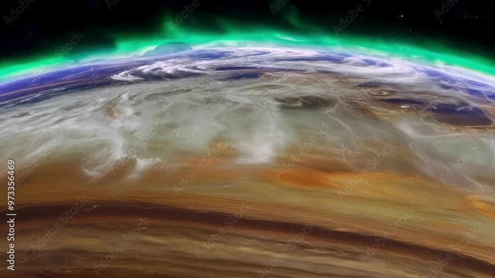 Poster Mesmerizing view of a rotating alien planet in space with swirling atmosphere and aurora borealis. Stunning blend of vibrant colors evokes wonder and awe, transporting you to a mysterious world