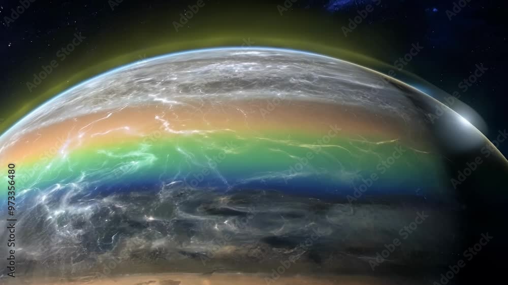 Poster Gas giant planet with a swirling, colorful atmosphere is partially illuminated by a nearby star in the vast expanse of outer space