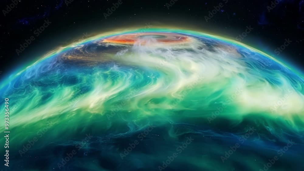 Poster Swirling green planet with toxic clouds in deep space, rotating slowly, evoking wonder and exploration