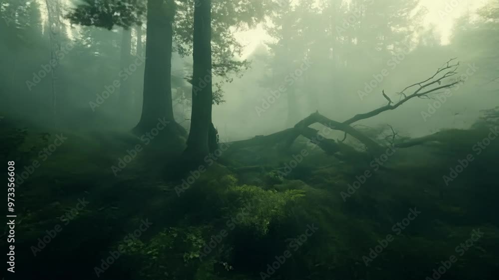 Poster sunlight filters through misty forest, creating serene, green atmosphere perfect for tranquility see