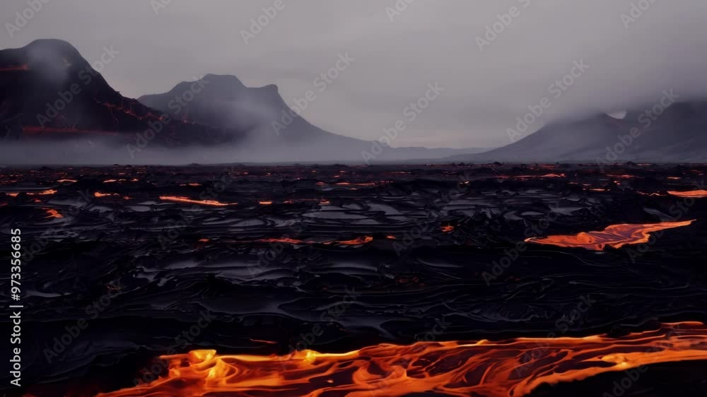 Poster Streams of molten lava flowing through a dramatic volcanic landscape, with towering volcanoes and a hazy sky creating an otherworldly atmosphere