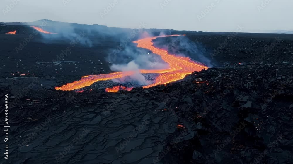 Poster Fiery river of lava flows through a black volcanic landscape. With smoke and steam billowing from the molten rock as it cools